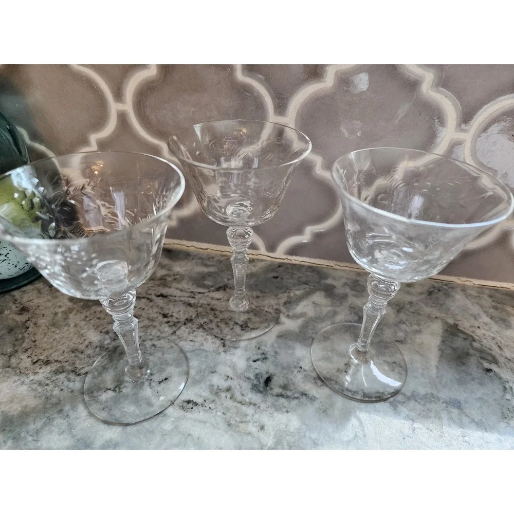 Vintage Etched Crystal Footed Wine Glasses Clear Floral Stemware Set of 4